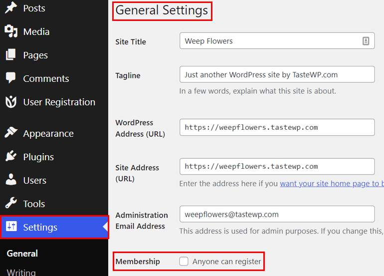WordPress General Settings to enable/disable Membership Registration