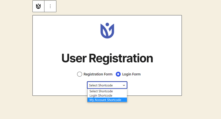 Select My Account Shortcode Under Login Form to Create New Login Page